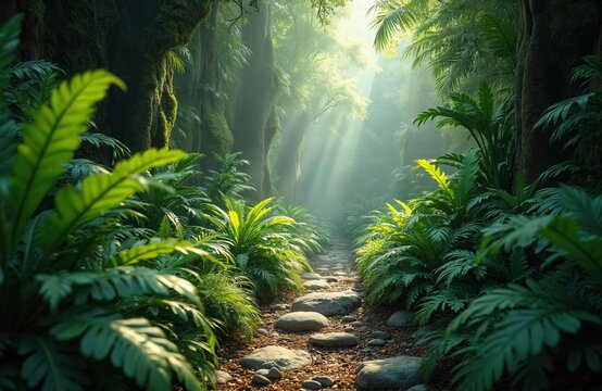 Fototapeta Rich green jungle foliage with sun rays. Tropical forest with ferns, palm trees along rocky path. Nature, outdoor adventure, prehistoric landscape. Jurassic park scenery, fantasy background.
