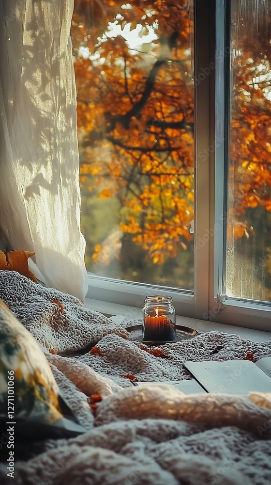 Poster Cozy window view with golden autumn foliage and a candle creating a serene ambiance : Generative AI