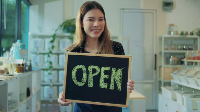 The woman is a waitress in an apron, the owner of the shop refill stands at the door with a sign Open waiting for customers. Small business concept, 