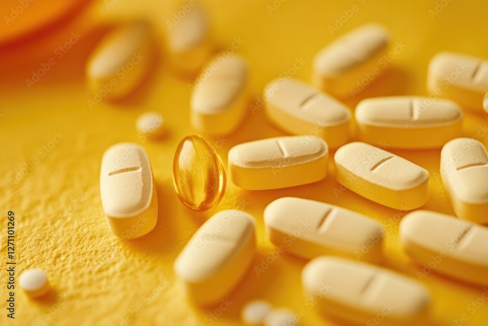 Poster a close-up view of a collection of pills arranged on a table