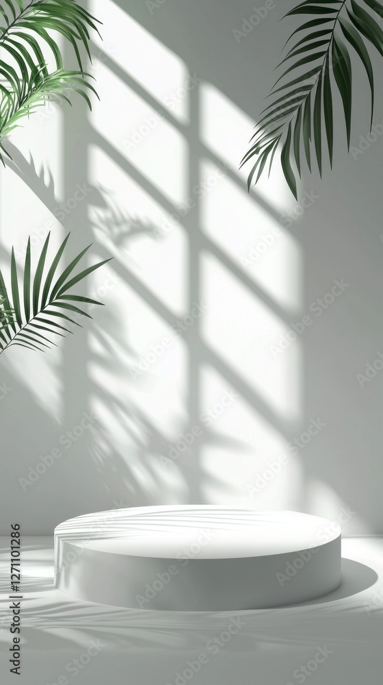 Poster a sleek white podium rests against a softly lit wall adorned with shadows from palm leaves. this tra