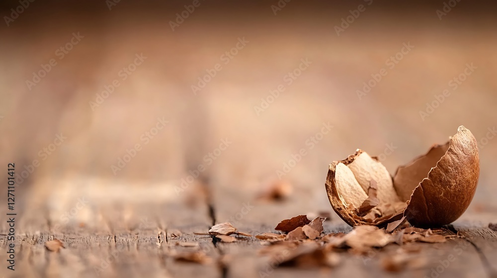 Poster close up of a cracked nut shell resting on a rustic wooden surface representing nature's bounty : ge