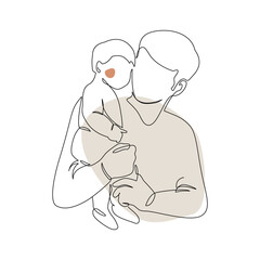 Father little kid line drawing. Abstract family continuous line art
