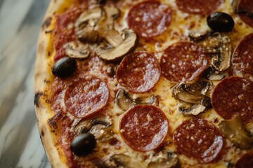 Close-up of pizza with pepperoni, mushrooms, and olives. AI image