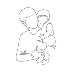 Father little kid line drawing. Abstract family continuous line art. Young dad hugging his son