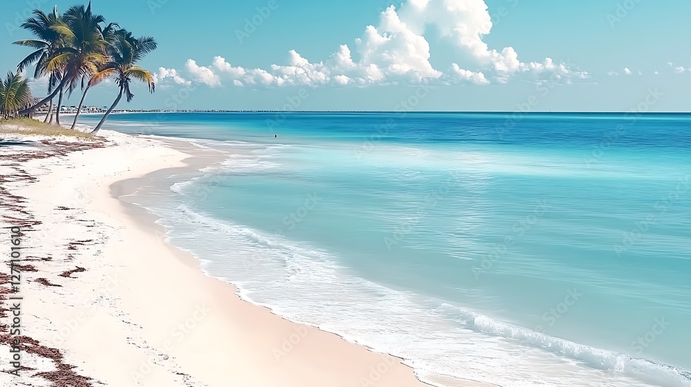 Poster Idyllic shoreline with pristine sand and azure waters framed by swaying palm trees : Generative AI