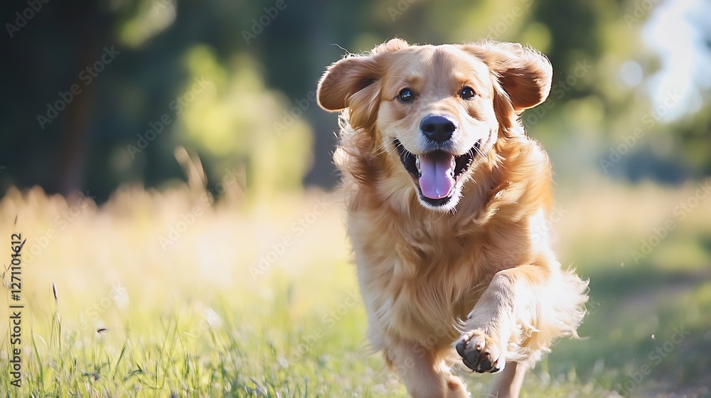Aufkleber A joyful golden retriever running freely in a sunlit grassy field during daytime : Generative AI