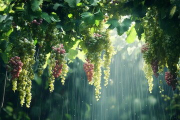 Rain-Kissed Grapes - Lush bunches of green and red grapes hang from a vine in gentle rain. Sunlight filters through the leaves