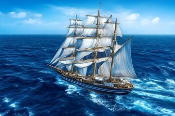 Windjammer, a commercial sailing ship with multiple towering masts, gracefully sailing on a deep blue sea