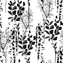 Abstract paint brush strokes and plant twig silhouettes seamless pattern.