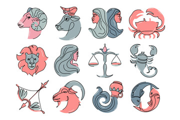 Astrological zodiac signs illustration. Horoscope symbols, icons set
