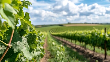 Expansive View of Lush Vineyard Landscape with Rows of Green Grapes Under a Bright Blue Sky : Generative AI