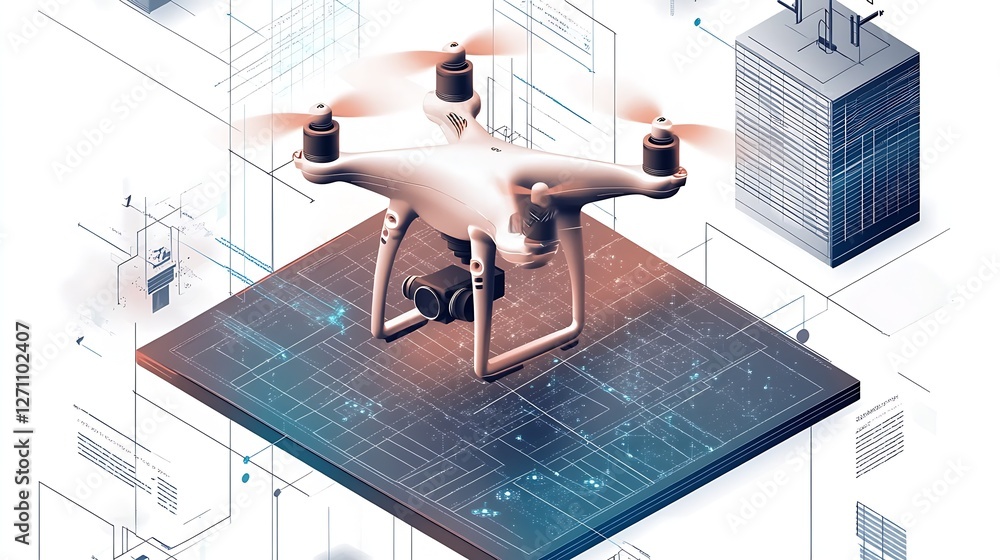 Poster Drone capturing aerial data over a blueprint layout in a modern city environment : Generative AI