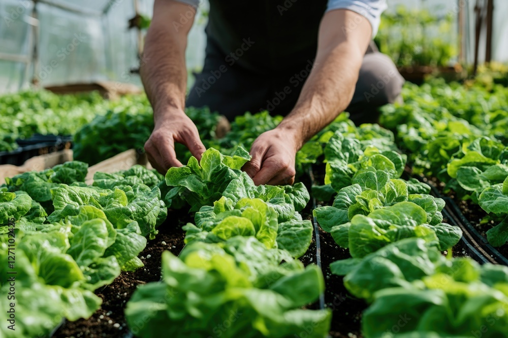 Poster a person collecting lettuce in a controlled environment