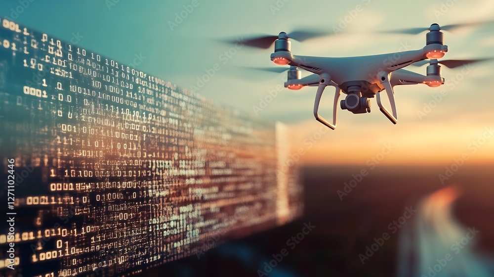 Poster A drone flying towards a digital display symbolizing technology and data capture in photography : Generative AI