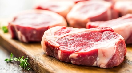 Obraz premium Fresh raw meat cuts displayed on a wooden board ready for cooking in a bright kitchen setting : Generative AI