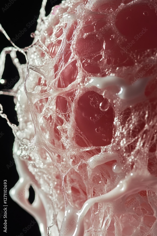Poster a close-up shot of a red object with water droplets on its surface, suitable for use in various cont