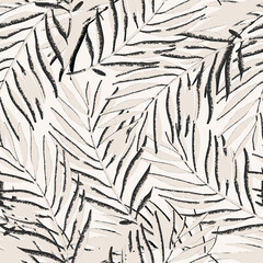 Grunge textured palm leaves seamless pattern. Abstract tropical jungle background