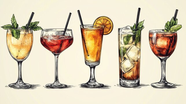 Variety of Colorful Cocktail Drinks with Fresh Garnishes and Ice