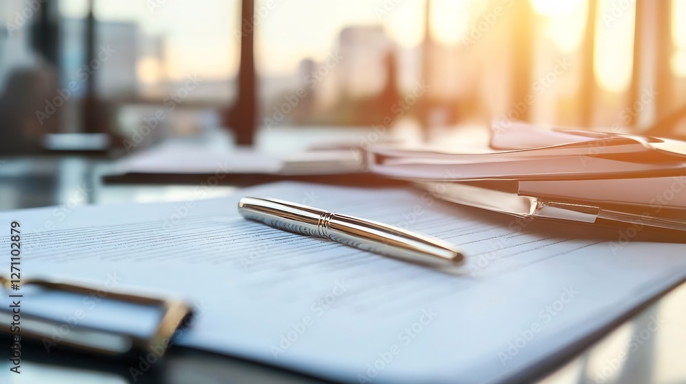 Poster elegant pen resting on paperwork with bright city view symbolizing business and professional product