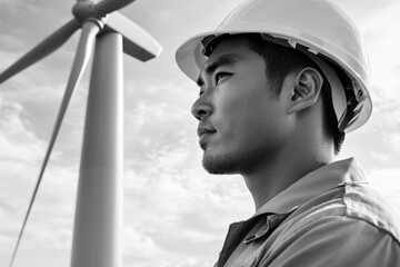 A construction worker in a hard hat stands next to a wind turbine, highlighting the importance of renewable energy