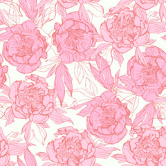 Line sketch peonies seamless pattern. Peony flowers background in silhouette, line art