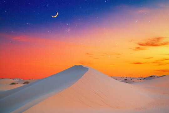 A serene desert scene at night, featuring a crescent moon and a single star shining bright - Powered by Adobe