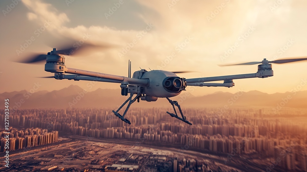 Poster high-resolution view of a drone flying over a distant mountain landscape with a sunset backdrop : ge