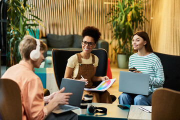 Colleagues collaborate at a vibrant hotel lounge during a business trip