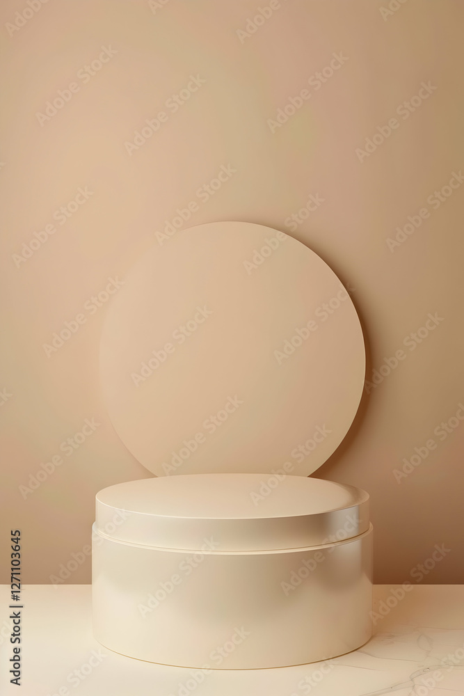 Poster minimalist display of a round container and backdrop, emphasizing soft colors and simplicity