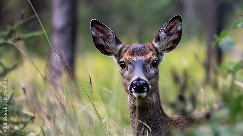 Poster closeup portrait of a curious deer standing gracefully in a lush green forest setting : generative a