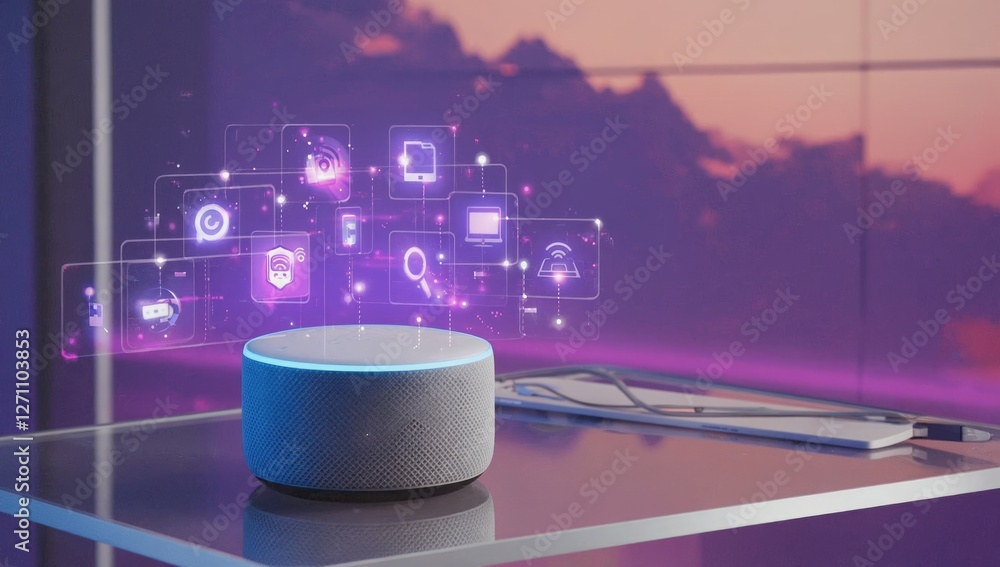 Poster smart speaker with digital interface, modern home office setting, possible use for smart home techno