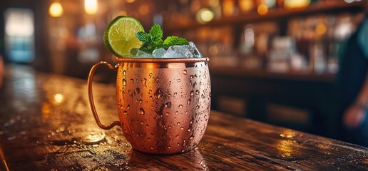 Moscow Mule copper mug, lime, mint, ice, bar background. Drink recipe