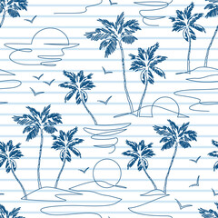 One line drawing tropical oasis island seamless pattern.