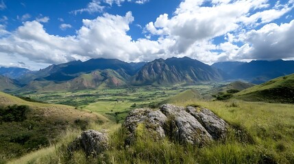 Fototapeta premium Stunning panoramic view of rolling green hills under a picturesque sky with fluffy clouds : Generative AI