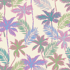 Colorful vivid palm tree silhouettes, outlines seamless pattern.