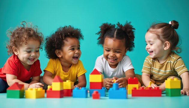 Naklejki Diverse toddlers play with building bricks. Cute little playful children of different origin enjoy game. Young kids with ethnic background having fun, learn to construct blocks.
