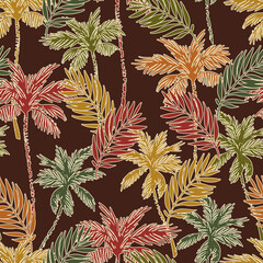 Colorful vivid palm tree silhouettes, outlines seamless pattern.