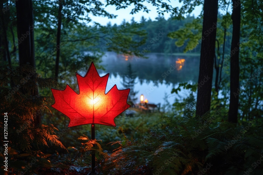 Poster A single red leaf illuminated by an unknown light source in a dark environment