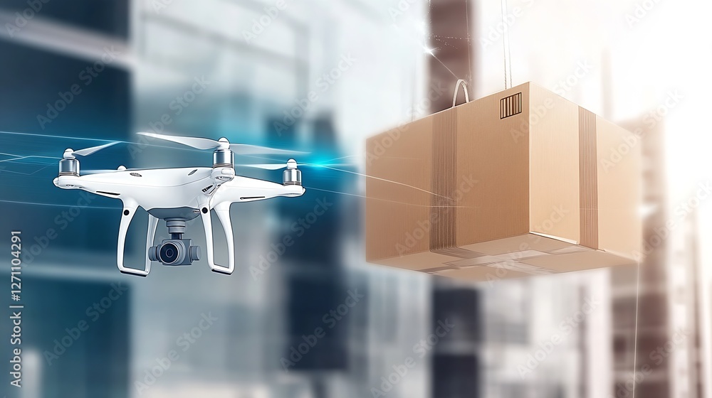 Poster Modern drone delivering a package in a futuristic urban setting showcasing technology and logistics : Generative AI