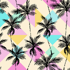 Abstract coconut trees on geometrical rhombus background.