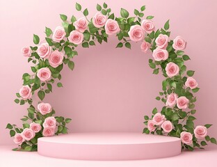 Pink Roses Create a Stunning Floral Display on a Pink Pedestal, Perfect for Elegant Showcase