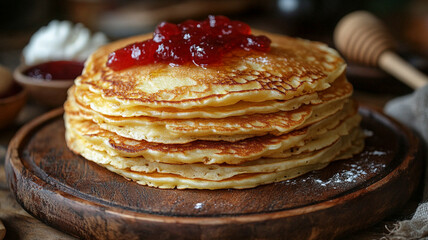 A stack of pancakes and jam.