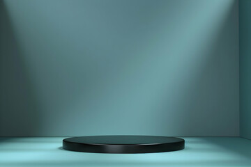 Minimalist stage with spotlight in a serene blue room, ideal for presentations or performances