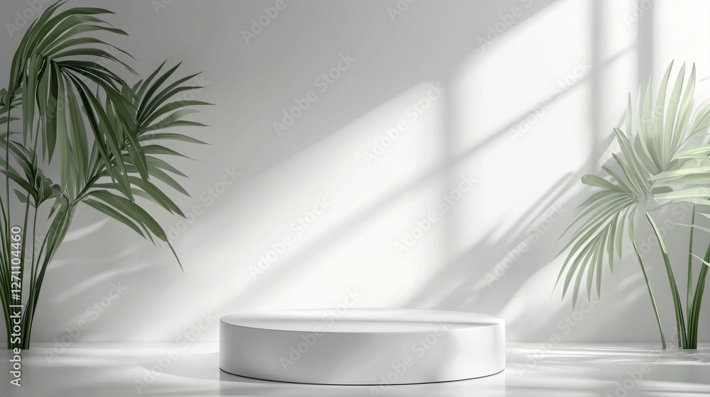 Poster Soft sunlight filters through large windows, casting gentle shadows on a minimalist white podium surrounded by vibrant green plants, creating an inviting and modern display space