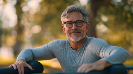 Myopia prevention with a man wearing glasses doing Pilates outdoors. Wellness, fitness, and eye health