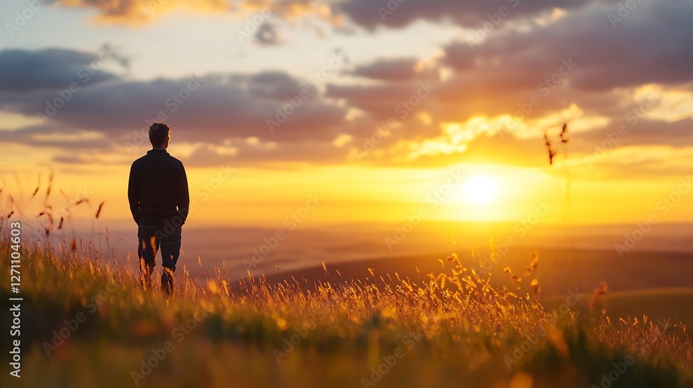Poster Silhouette of person in a field during sunset creating a warm and calming atmosphere : Generative AI