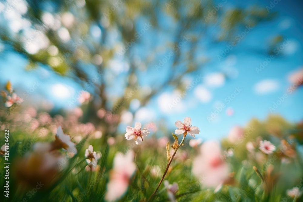 Poster a picturesque scene featuring a field of colorful flowers and a tree in the background, perfect for 