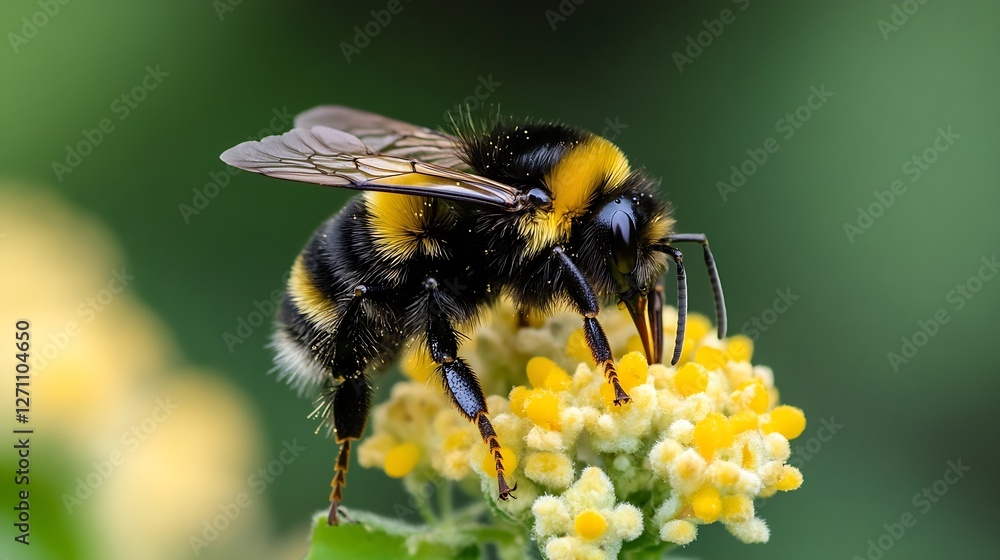 Poster Detailed close up of a bumblebee collecting nectar from a yellow flower showing nature in action : Generative AI