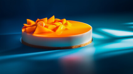 An artistic presentation of the mango cake, featuring an abstract serving style with direct light.